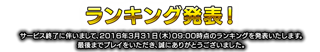 ランキング発表！サービス終了に伴いまして、2016年3月31日（木）09:00時点のランキングを発表いたします。最後までプレイをいただき、