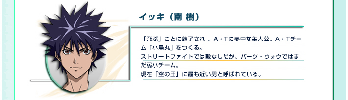 イッキ（南 樹）
「飛ぶ」ことに魅了され 、A・Tに夢中な主人公。A・Tチーム「小烏丸」をつくる。
ストリートファイトでは敵なしだが、パーツ・ウォウではまだ弱小チーム。
現在「空の王」に最も近い男と呼ばれている。