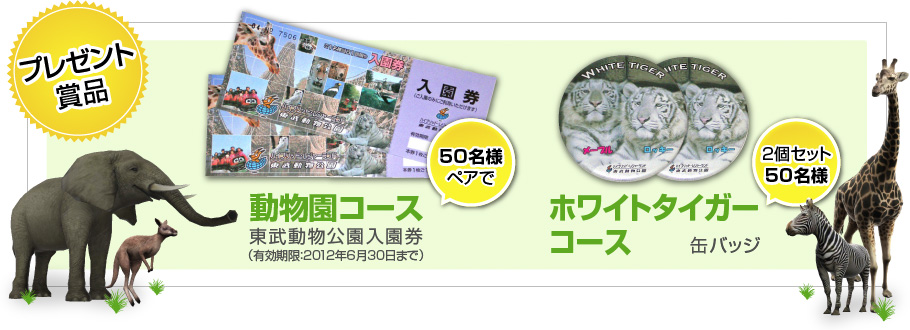 プレゼント賞品　動物園コース/東武動物公園入場券　ホワイトタイガーコース/缶バッジ