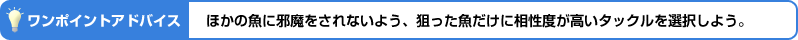 【ワンポイントアドバイス】ほかの魚に邪魔をされないよう、狙った魚だけに相性度が高いタックルを選択しよう。