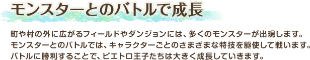 モンスターとのバトルで成長 / 町や村の外に広がるフィールドやダンジョンには、多くのモンスターが出現します。モンスターとのバトルでは、キャラクターごとのさまざまな特技を駆使して戦います。バトルに勝利することで、ピエトロ王子たちは大きく成長していきます。