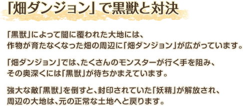 「畑ダンジョン」で黒獣と対決 / 「黒獣」によって闇に覆われた大地には、作物が育たなくなった畑の周辺に「畑ダンジョン」が広がっています。「畑ダンジョン」では、たくさんのモンスターが行く手を阻み、その奥深くには「黒獣」が待ちかまえています。強大な敵「黒獣」を倒すと、封印されていた「妖精」が解放され、周辺の大地は、元の正常な土地へと戻ります。