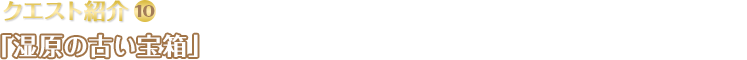 クエスト紹介(10) 「湿原の古い宝箱」ズズール集落に住む学者のアントンさんから受け取った古いメモの内容を頼りに、ズズール湿原に散らばる宝箱を探そう。