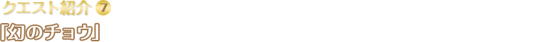 クエスト紹介(7)「幻のチョウ」ゾウン集落のおばあさんは、昔に見たチョウをもう一度見たいらしい。昆虫採集で「極彩チョウ」をつかまえて、おばあさんに持っていってあげよう！