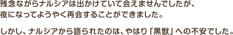 残念ながらナルシアは出かけていて会えませんでしたが、夜になってようやく再会することができました。しかし、ナルシアから語られたのは、やはり「黒獣」への不安でした。