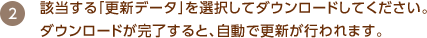 該当する「更新データ」を選択してダウンロードしてください。ダウンロードが完了すると、自動で更新が行われます。