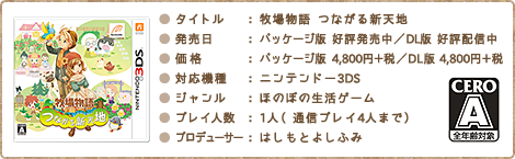 ● タイトル：牧場物語 つながる新天地● 発売日：2014年2月予定● 価格：5,040円（税込）● 対応機種：ニンテンドー3DS● ジャンル：ほのぼの生活ゲーム● プレイ人数：1人（通信プレイ4人まで）● プロデューサー：はしもとよしふみ