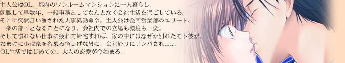 主人公はOL。都内のワンルームマンションに一人暮らし。就職して早数年、一般事務としてなんとなく会社生活を過ごしている。そこに突然言い渡された人事異動命令。主人公は企画営業部のエリート、一条の部下となることになり、会社内での立場も環境も一変。そして慣れない仕事に疲れて帰宅すれば、家の中にはなぜか別れたモト彼が。おまけに小説家を名乗る怪しげな男に、会社帰りにナンパされ.....。OL生活ではじめての、大人の恋愛が今始まる。
