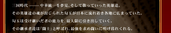 三国時代───中華統一を夢見、そして散っていった英雄達。
その英雄達の魂が封じられた勾玉が日本に流れ着き各地に広まっていた。
勾玉は受け継いだ者の能力を、最大限に引き出していく。
その継承者達は「闘士」と呼ばれ、最強を求め闘いに明け暮れくれる。