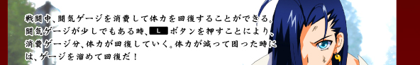 戦闘中、闘気ゲージを消費して体力を回復することができる。闘気ゲージが少しでもある時、Lボタンを押すことにより、消費ゲージの分、体力が回復していく。体力が減って困った時には、ゲージを溜めて回復だ!