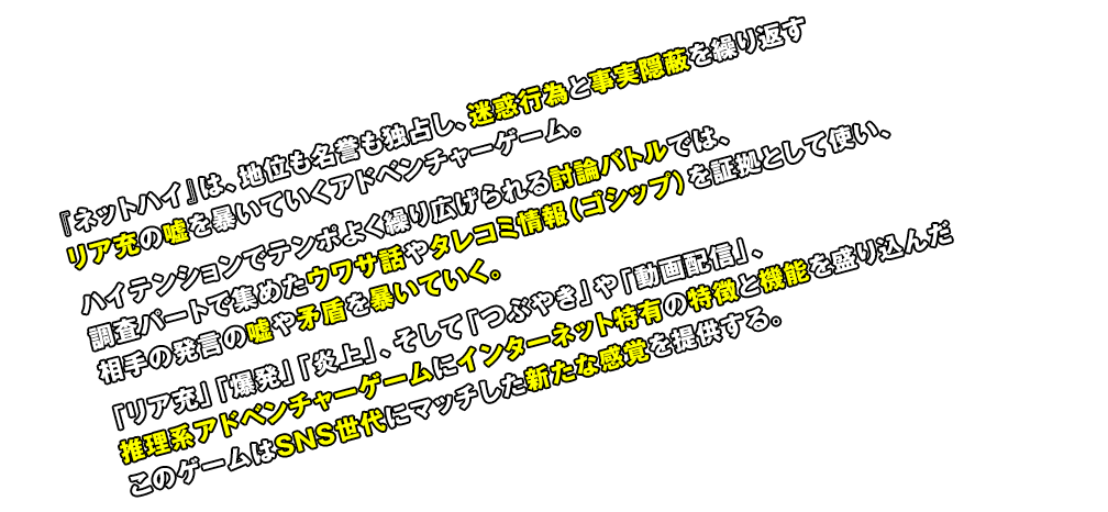 『ネットハイ』は、一部のリア充たちが富もフォロワーも何もかも独占する、“超充実格差社会”のなか、 “非リア充”である主人公“俺氏”が、世にはびこる迷惑な“リア充”を爆発炎上させるのが目的のシミュレーション・アドベンチャーゲーム。 対戦相手となるリア充たちはランキングの上位者であり、非常に手ごわい。インターネット特有の様々な機能を駆使して、リア充たちの巧みな嘘を暴け！ 