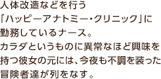 人体改造などを行う「ハッピーアナトミー・クリニック」に勤務しているナース。カラダというものに異常なほど興味を持つ彼女の元には、今夜も不調を装った冒険者達が列をなす。