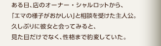 豹変 / ある日、店のオーナー・シャルロットから、「エマの様子がおかしい」と相談を受けた主人公。久しぶりに彼女と会ってみると、見た目だけでなく、性格まで豹変していた。