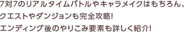 ７対７のリアルタイムバトルやキャラメイクはもちろん、クエストやダンジョンも完全攻略！エンディング後のやりこみ要素も詳しく紹介！