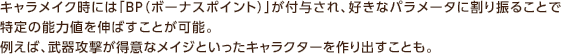 キャラメイク時には「BP（ボーナスポイント）」が付与され、好きなパラメータに割り振ることで特定の能力値を伸ばすことが可能。例えば、武器攻撃が得意なメイジといったキャラクターを作り出すことも。