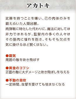 アカトキ / 武器を持つことを嫌い、己の肉体のみを鍛えぬいた人間凶器。肉弾戦に特化した代わりに、魔法に対しては非力ではあるが、監獄内の多くの人々はその筋肉に憧れを抱き、そもそも欠点を気に掛けるほど賢くはない。