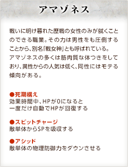 アマゾネス / 戦いに明け暮れた歴戦の女性のみが就くことのできる職業。その力は男性をも圧倒することから、別名「戦女神」とも呼ばれている。アマゾネスの多くは筋肉質な体つきをしており、異性からの人気は低く、同性にはモテる傾向がある。