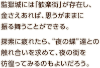 監獄城には「歓楽街」が存在し、金さえあれば、思うがままに振る舞うことができる。探索に疲れたら、“夜の蝶”達との触れ合いを求めて、夜の街を彷徨ってみるのもよいだろう。