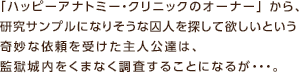 「ハッピーアナトミー・クリニックのオーナー」 から、研究サンプルになりそうな囚人を探して欲しいという奇妙な依頼を受けた主人公達は、監獄城内をくまなく調査することになるが・・・。