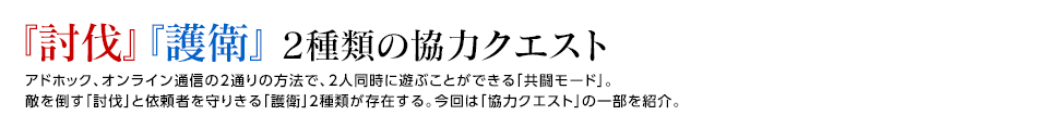 『討伐』『護衛』 2種類の協力クエスト / アドホック、オンライン通信の2通りの方法で、2人同時に遊ぶことができる「共闘モード」。敵を倒す「討伐」と依頼者を守りきる「護衛」2種類が存在する。今回は「協力クエスト」の一部を紹介。