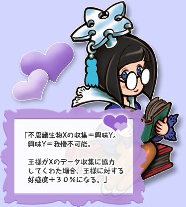 「不思議生物Xの収集＝興味Y。興味Y＝我慢不可能。王様がXのデータ収集に協力してくれた場合、王様に対する好感度＋30％になる。」