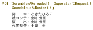 #01「ScrambleがReloaded! SuperstarにRequest! ScandalousなRestart!」
脚 本:ときたひろこ
絵コンテ:金崎貴臣
演 出:金崎貴臣
作画監督:土屋 圭
