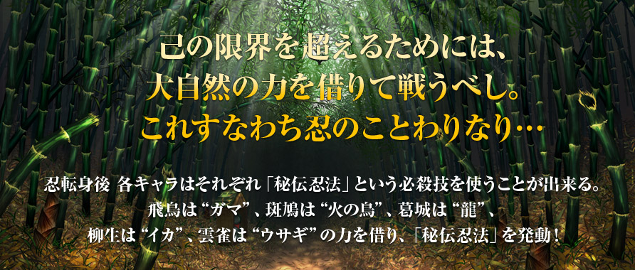 己の限界を超えるためには、大自然の力を借りて戦うべし。これすなわち忍のことわりなり…