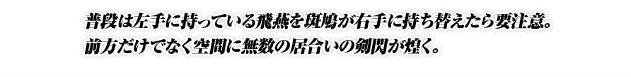 普段は左手に持っている飛燕を斑鳩が右手に持ち替えたら要注意。前方だけでなく空間に無数の居合いの剣閃が煌く。