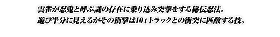 雲雀が忍兎と呼ぶ謎の存在に乗り込み突撃をする秘伝忍法。遊び半分に見えるがその衝撃は10ｔトラックとの衝突に匹敵する技。