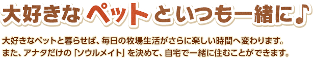 大好きなペットといつも一緒に / 大好きなペットと暮らせば、毎日の牧場生活がさらに楽しい時間へ変わります。また、アナタだけの「ソウルメイト」を決めて、自宅で一緒に住むことができます。