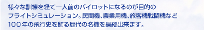様々な訓練を経て一人前のパイロットになるのが目的のフライトシミュレーション。民間機、農業用機、旅客機戦闘機など100年の飛行史を飾る歴代の名機を操縦出来ます。