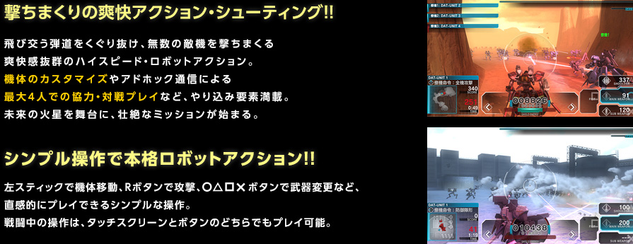 撃ちまくりの爽快アクション・シューティング!! / 飛び交う弾道をくぐり抜け、無数の敵機を撃ちまくる爽快感抜群のハイスピード・ロボットアクション。機体のカスタマイズやアドホック通信による最大4人での協力・対戦プレイなど、やり込み要素満載。未来の火星を舞台に、壮絶なミッションが始まる。---- シンプル操作で本格ロボットアクション!! / 左スティックで機体移動、Rボタンで攻撃、ボタンで武器変更など、直感的にプレイできるシンプルな操作。戦闘中の操作は、タッチスクリーンとボタンのどちらでもプレイ可能。