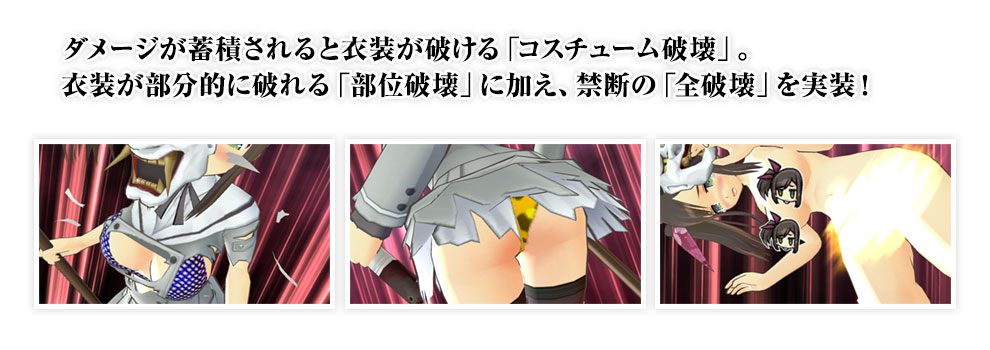 ダメージが蓄積されると衣装が破ける「コスチューム破壊」。衣装が部分的に破れる「部位破壊」に加え、禁断の「全破壊」を実装！