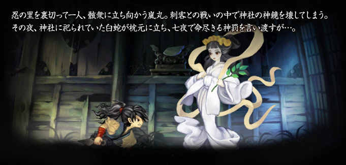 忍の里を裏切って一人、骸衆に立ち向かう嵐丸。刺客との戦いの中で神社の神鏡を壊してしまう。その夜、神社に祀られていた白蛇が枕元に立ち、七夜で命尽きる神罰を言い渡すが…。