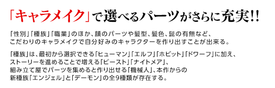 「キャラメイク」で選べるパーツがさらに充実!! / 「性別」「種族」「職業」のほか、顔のパーツや髪型、髪色、髭の有無など、こだわりのキャラメイクで自分好みのキャラクターを作り出すことが出来る。「種族」は、最初から選択できる「ヒューマン」「エルフ」「ホビット」「ドワーフ」に加え、ストーリーを進めることで増える「ビースト」「ナイトメア」、組み立て屋でパーツを集めると作り出せる「機械人」、本作からの新種族「エンジェル」と「デーモン」の全9種類が存在する。