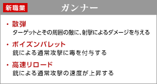 ガンナー / 散弾 - ターゲットとその周囲の敵に、射撃によるダメージを与える / ポイズンバレット - 銃による通常攻撃に毒を付与する / 高速リロード - 銃による通常攻撃の速度が上昇する