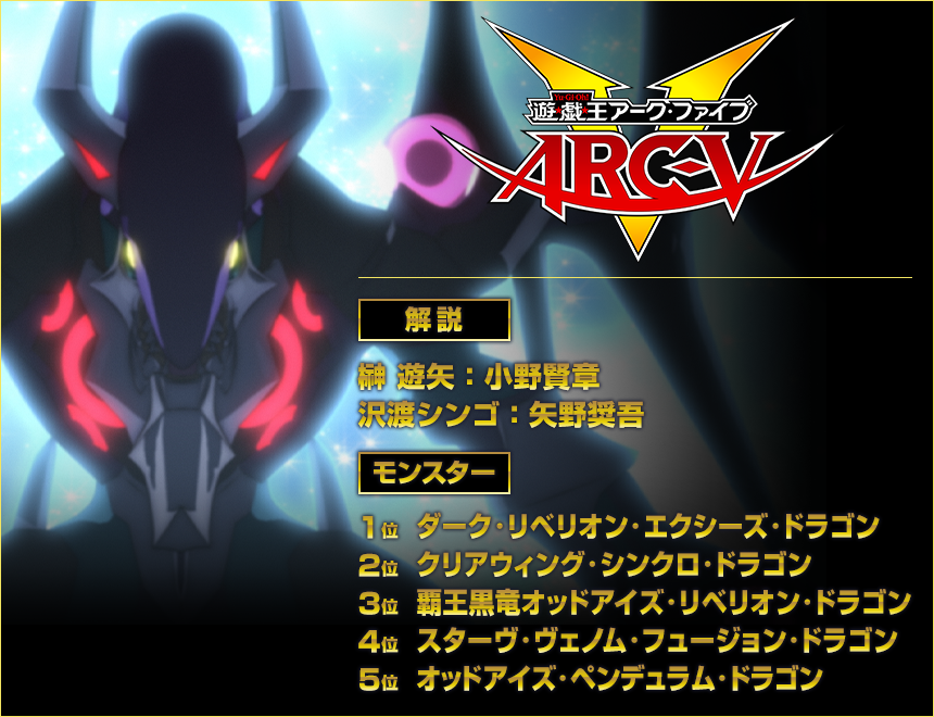 『遊☆戯☆王』ARC-V
＜解説＞榊 遊矢：小野賢章　沢渡シンゴ：矢野奨吾
＜モンスター＞1位：ダーク・リベリオン・エクシーズ・ドラゴン　2位：クリアウィング・シンクロ・ドラゴン　3位：覇王黒竜オッドアイズ・リベリオン・ドラゴン　4位：スターヴ・ヴェノム・フュージョン・ドラゴン　5位：オッドアイズ・ペンデュラム・ドラゴン