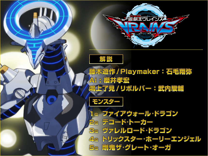 『遊☆戯☆王』VRAINS
＜解説＞藤木遊作/Playmaker：石毛翔弥　Ai : 櫻井孝宏　鴻上了見/リボルバー：武内駿輔
＜モンスター＞1位：ファイアウォール・ドラゴン　2位：デコード・トーカー　3位：ヴァレルロード・ドラゴン　4位：トリックスター・ホーリーエンジェル　5位：剛鬼ザ・グレート・オーガ